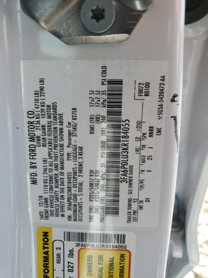 2019 Ford Fusion Se VIN: 3FA6P0LU3KR184055 Lot: 54025845