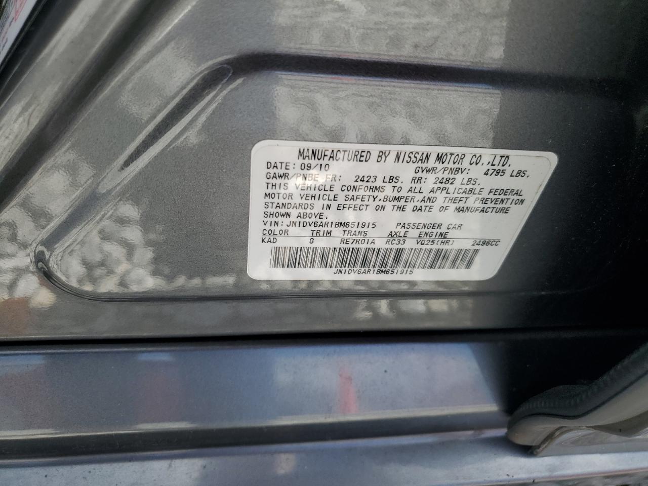 2011 Infiniti G25 VIN: JN1DV6AR1BM651915 Lot: 56721205