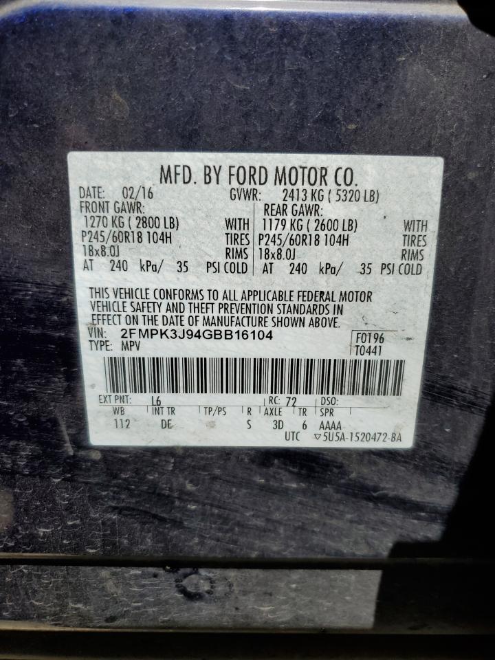 2016 Ford Edge Sel VIN: 2FMPK3J94GBB16104 Lot: 55307475