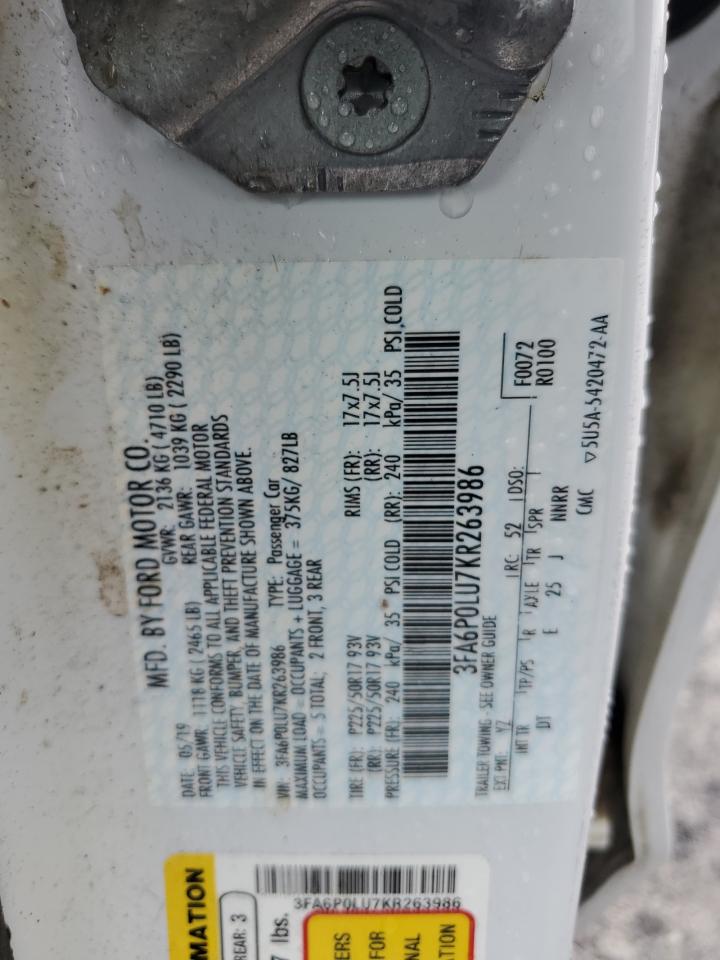2019 Ford Fusion Se VIN: 3FA6P0LU7KR263986 Lot: 54030335