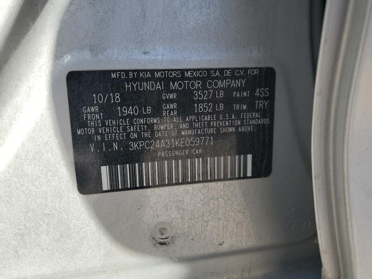 2019 Hyundai Accent Se VIN: 3KPC24A31KE059771 Lot: 58154115