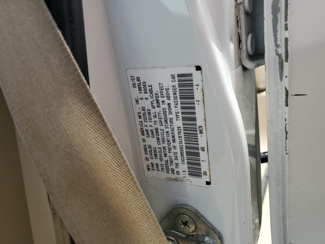 2007 Honda Accord Ex VIN: 1HGCM56827A187629 Lot: 57039325