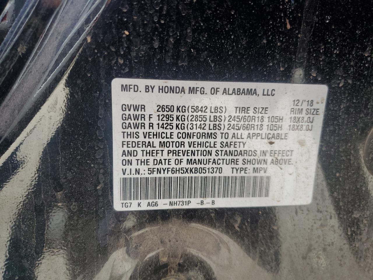 2019 Honda Pilot Exl VIN: 5FNYF6H5XKB051370 Lot: 56143905