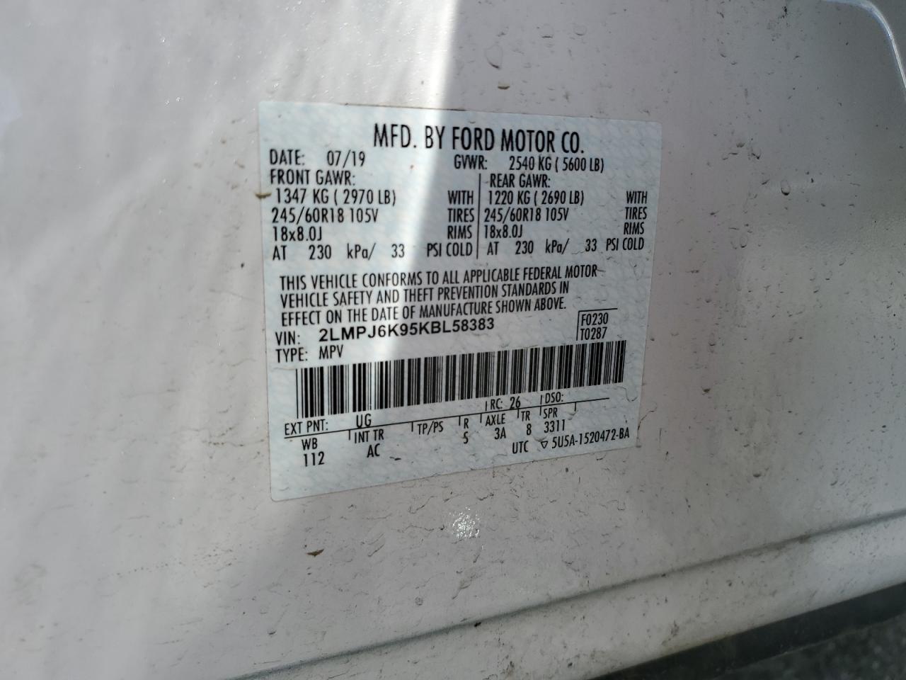 2019 Lincoln Nautilus Select VIN: 2LMPJ6K95KBL58383 Lot: 57409545