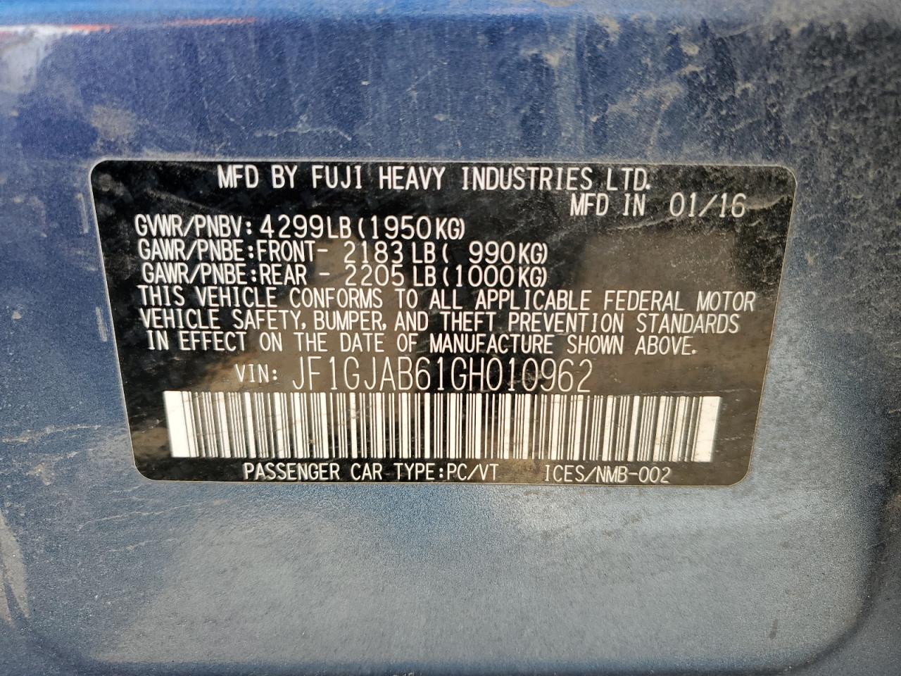 2016 Subaru Impreza Premium VIN: JF1GJAB61GH010962 Lot: 57049145