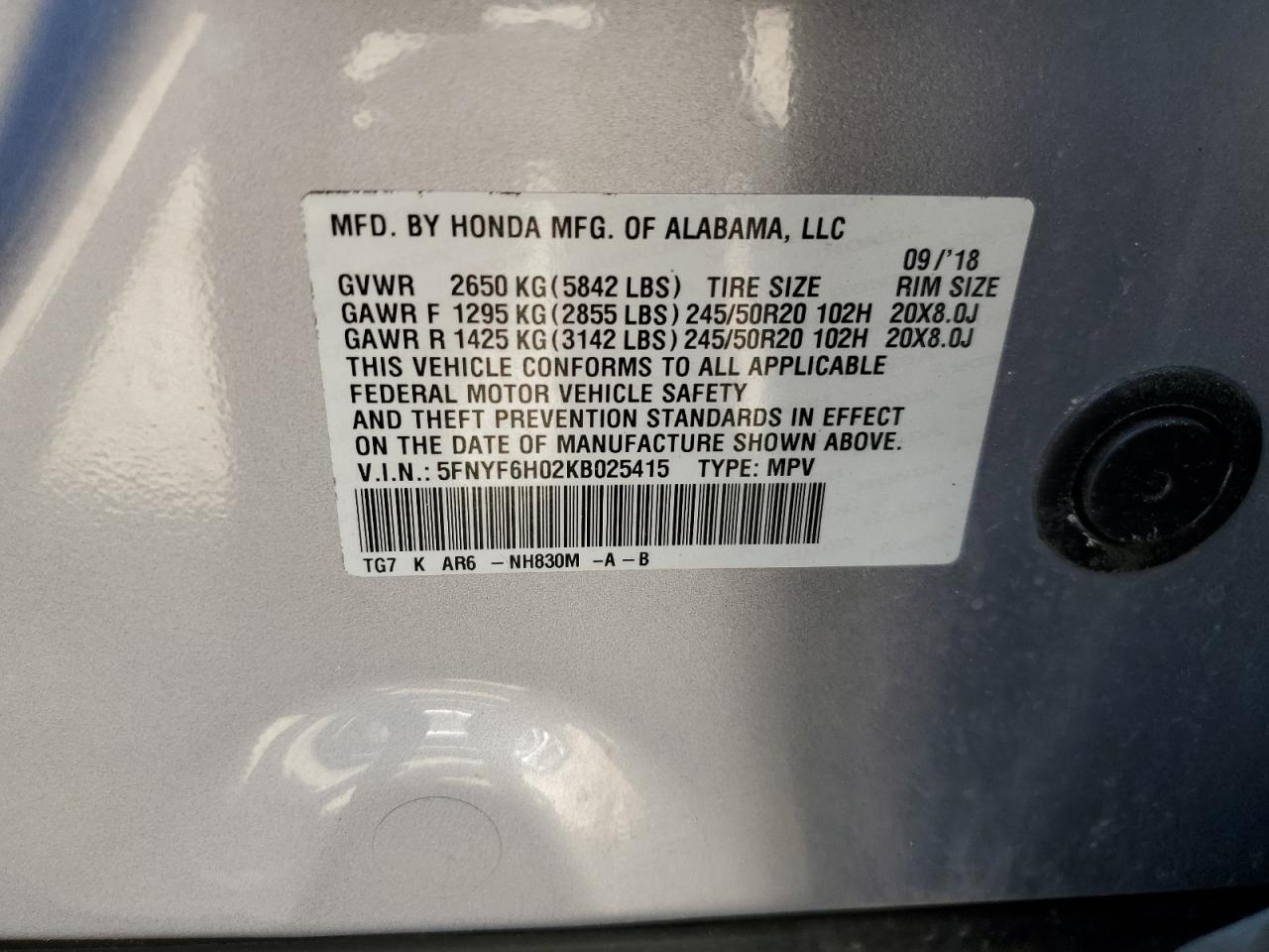 2019 Honda Pilot Elite VIN: 5FNYF6H02KB025415 Lot: 57380465