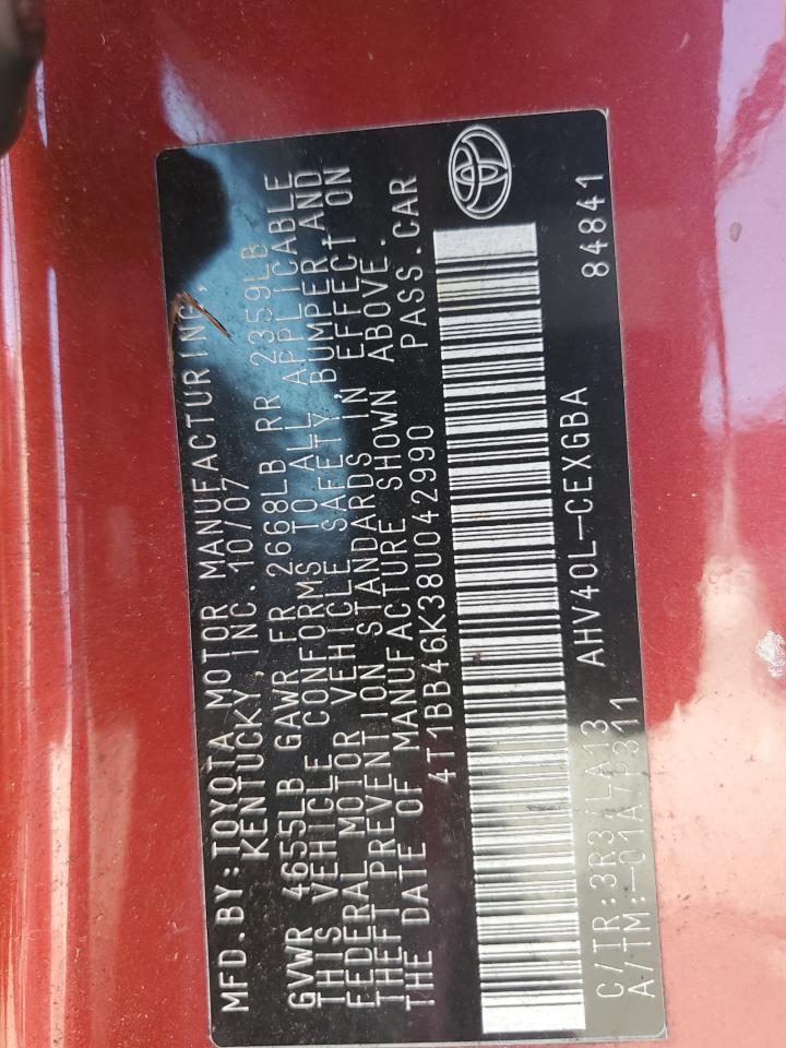 2008 Toyota Camry Hybrid VIN: 4T1BB46K38U042990 Lot: 55278995