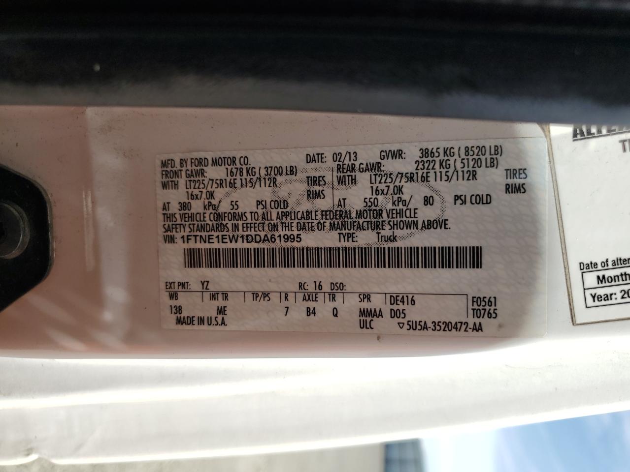 2013 Ford Econoline E150 Van VIN: 1FTNE1EW1DDA61995 Lot: 57445065