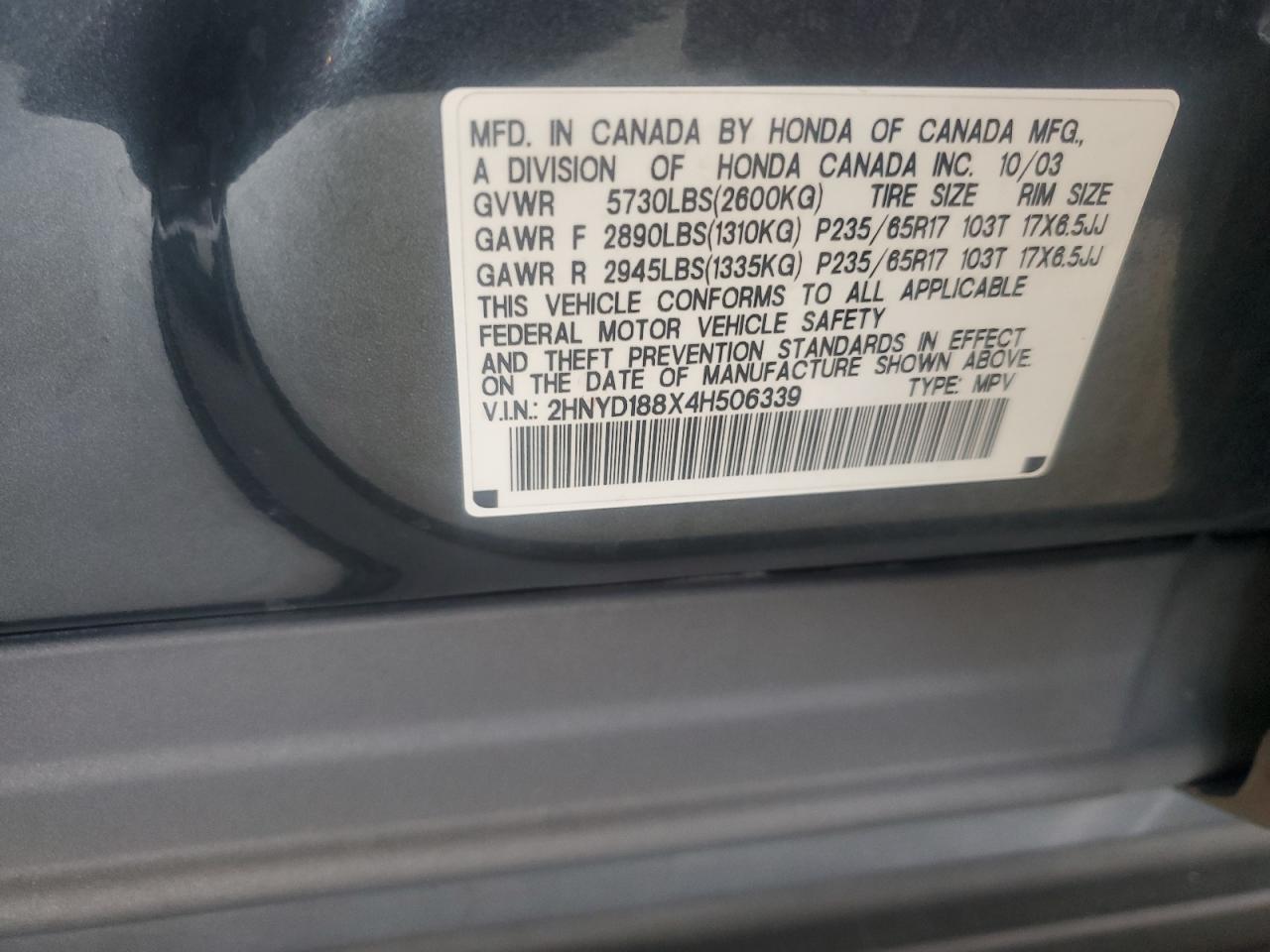 2004 Acura Mdx Touring VIN: 2HNYD188X4H506339 Lot: 57320705