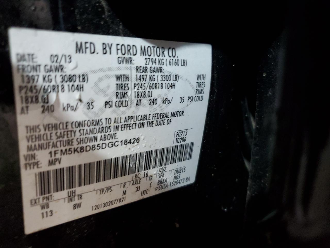 2013 Ford Explorer Xlt VIN: 1FM5K8D85DGC18426 Lot: 59012455