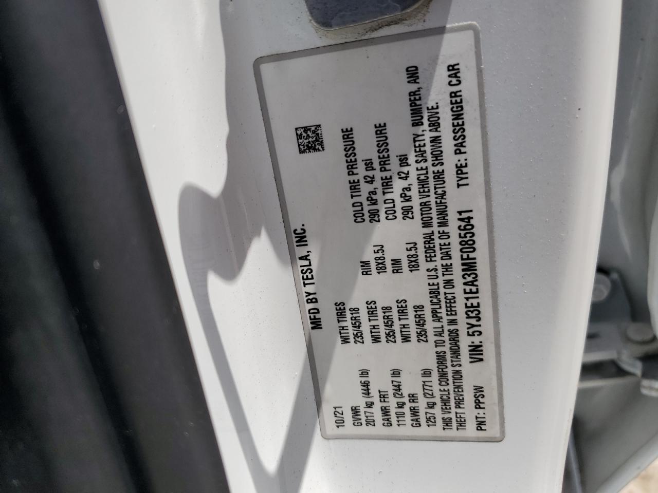 2021 Tesla Model 3 VIN: 5YJ3E1EA3MF085641 Lot: 56849295