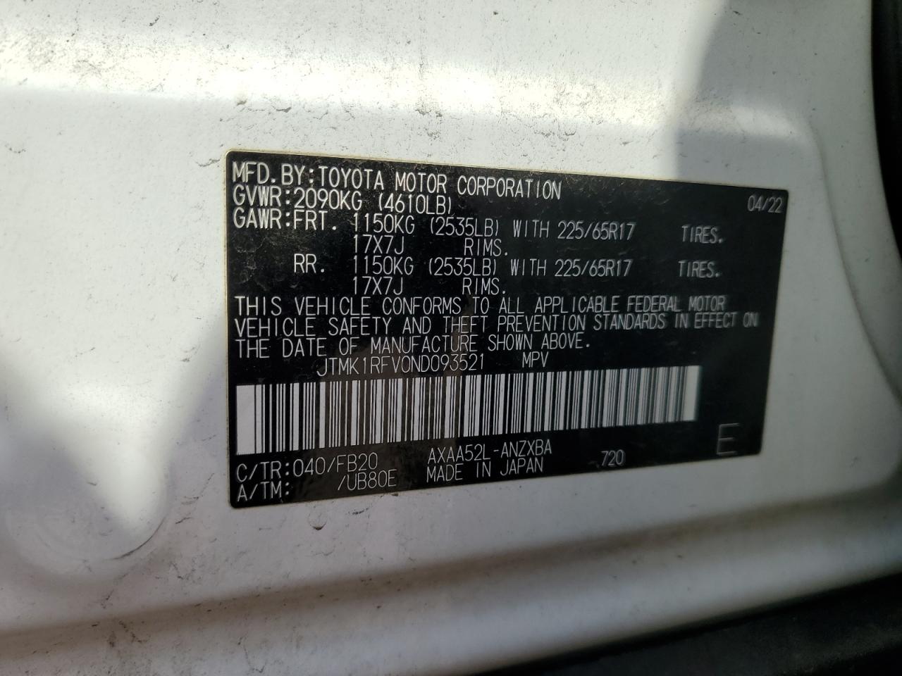 2022 Toyota Rav4 Le VIN: JTMK1RFV0ND093521 Lot: 59198725