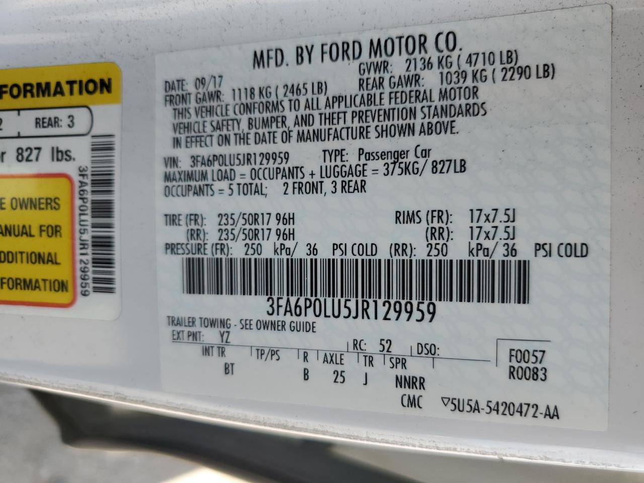 2018 Ford Fusion Se Hybrid VIN: 3FA6P0LU5JR129959 Lot: 84785805