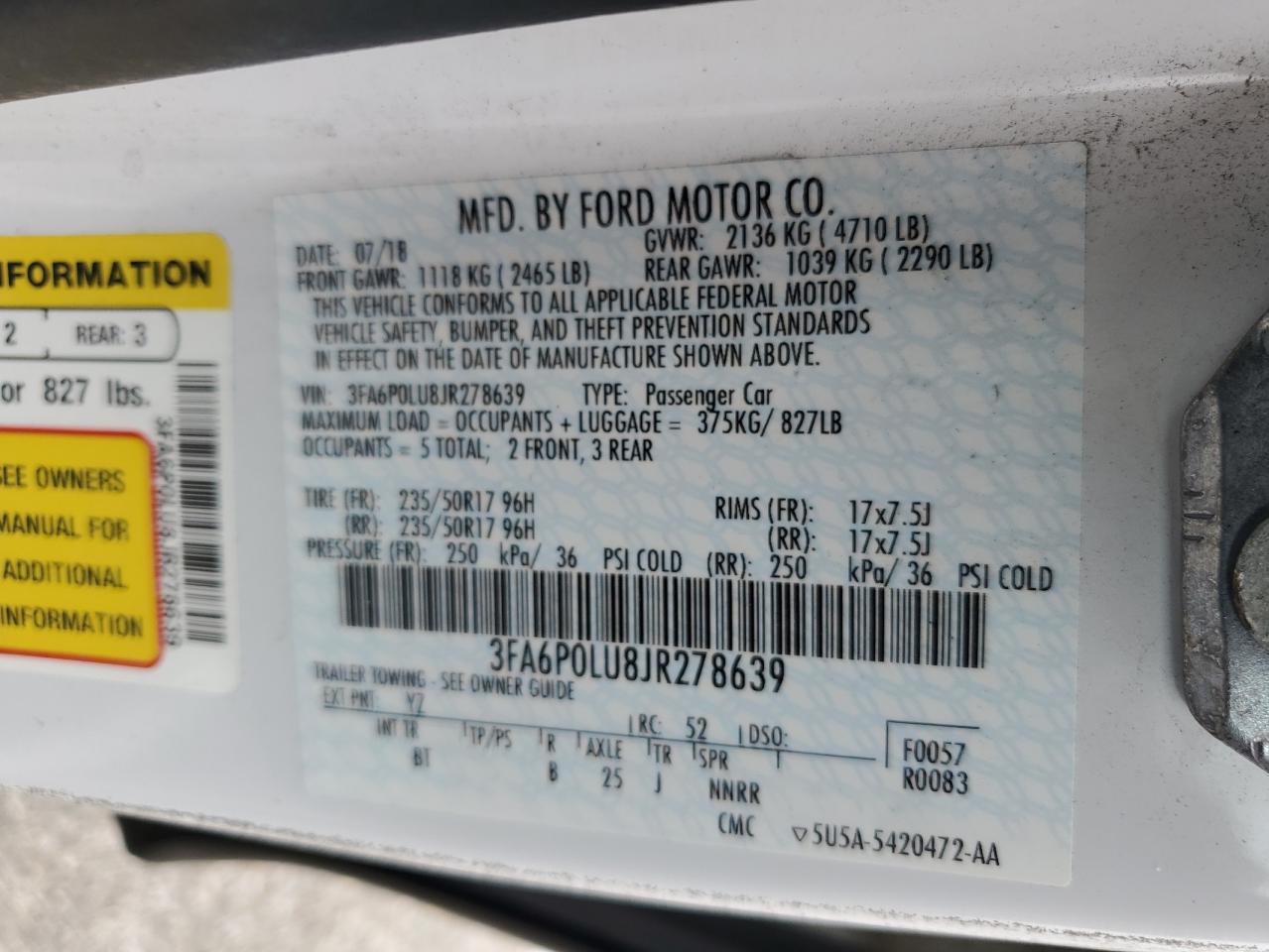 2018 Ford Fusion Se Hybrid VIN: 3FA6P0LU8JR278639 Lot: 54042575