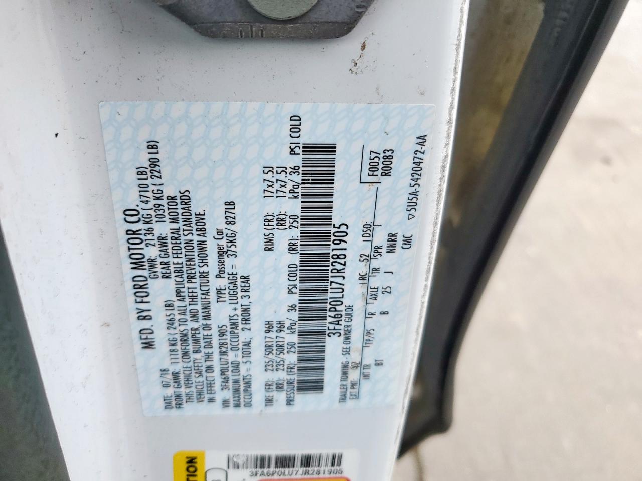 2018 Ford Fusion Se Hybrid VIN: 3FA6P0LU7JR281905 Lot: 57235445