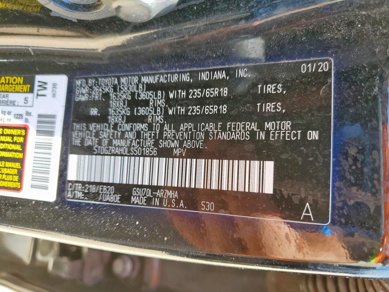 2020 Toyota Highlander Xle VIN: 5TDGZRAH0LS501856 Lot: 56585995