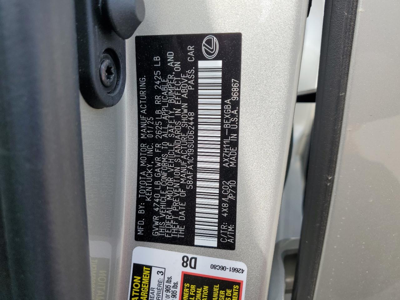 2025 Lexus Es 300H Base VIN: 58AFA1C19SU062448 Lot: 55928115