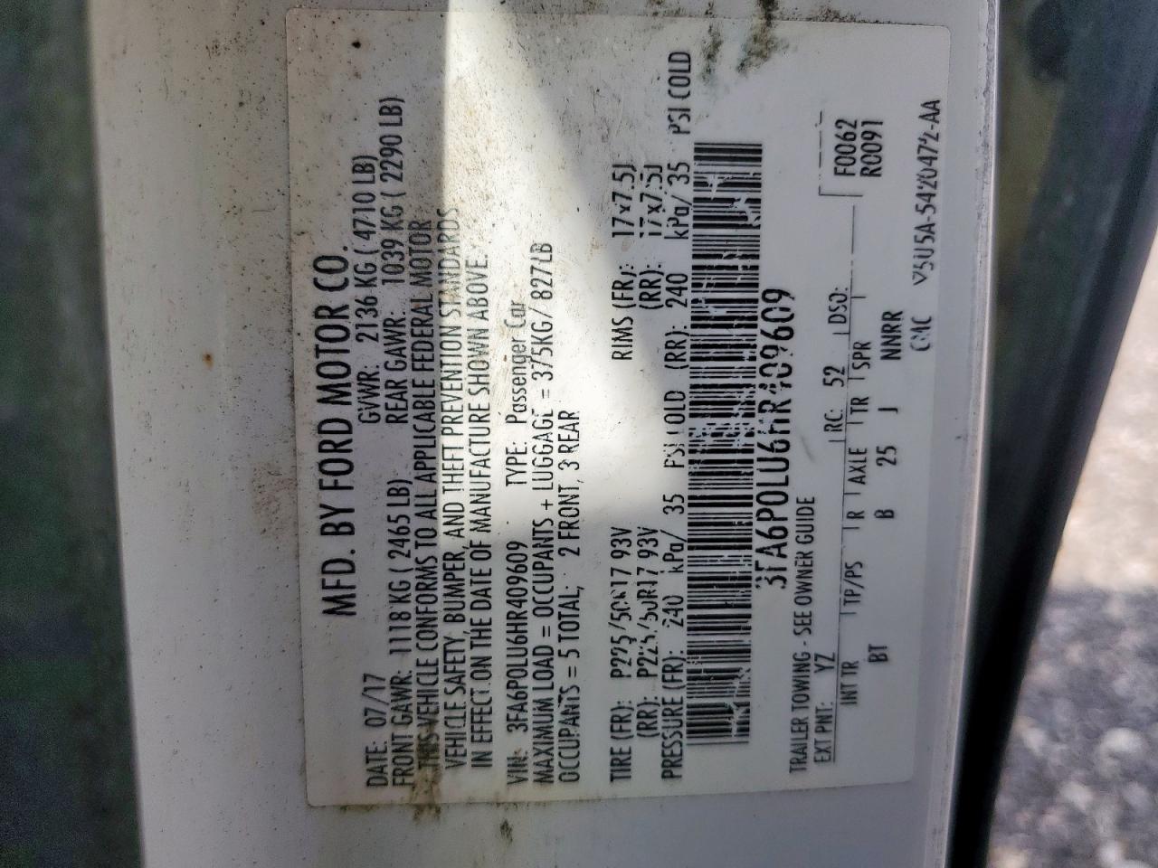 2017 Ford Fusion Se Hybrid VIN: 3FA6P0LU6HR409609 Lot: 54034955