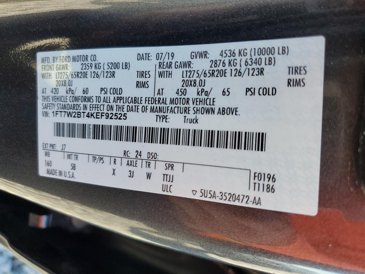 2019 Ford F250 Super Duty VIN: 1FT7W2BT4KEF92525 Lot: 56818985