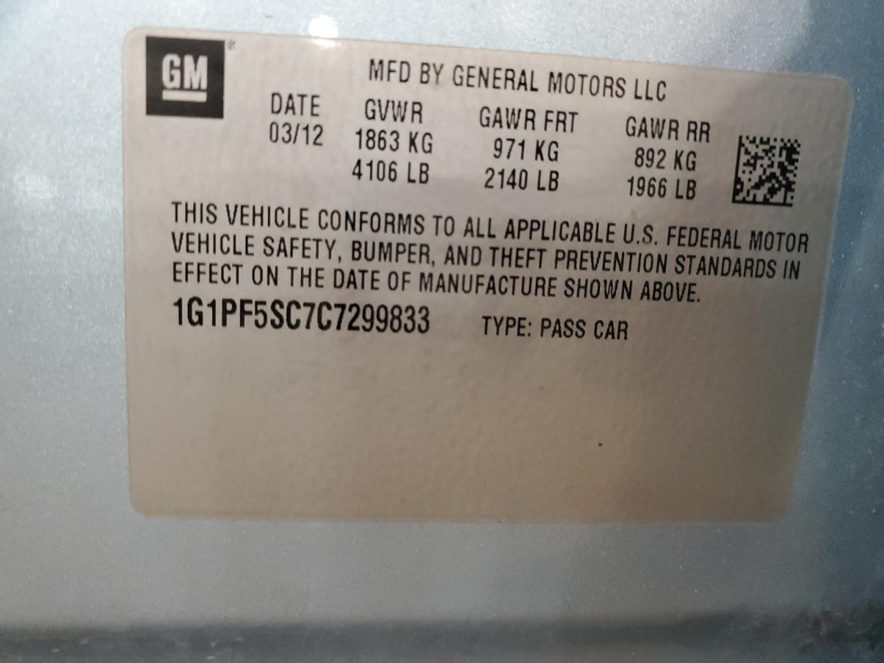 2012 Chevrolet Cruze Lt VIN: 1G1PF5SC7C7299833 Lot: 57393605