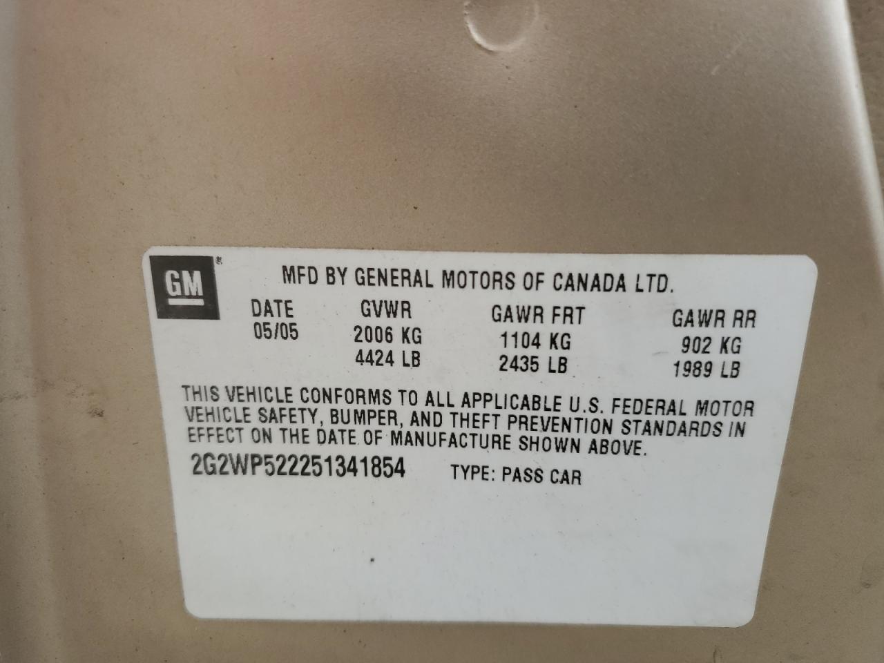 2005 Pontiac Grand Prix VIN: 2G2WP522251341854 Lot: 55621585