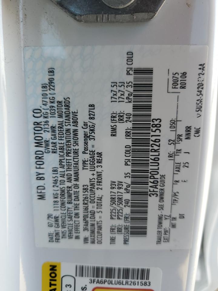 2020 Ford Fusion Se VIN: 3FA6P0LU6LR261583 Lot: 54023745