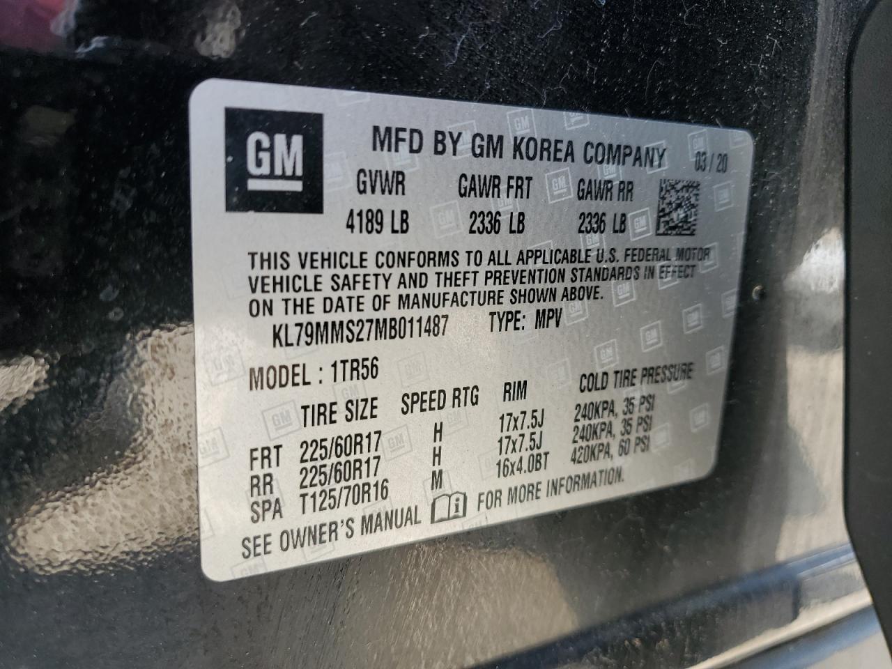 2021 Chevrolet Trailblazer Ls VIN: KL79MMS27MB011487 Lot: 58385635