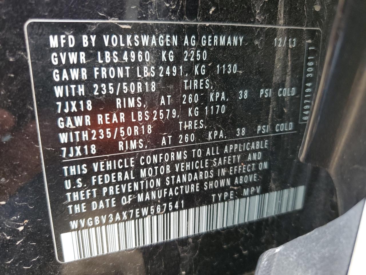 2014 Volkswagen Tiguan S VIN: WVGBV3AX7EW567541 Lot: 57116685