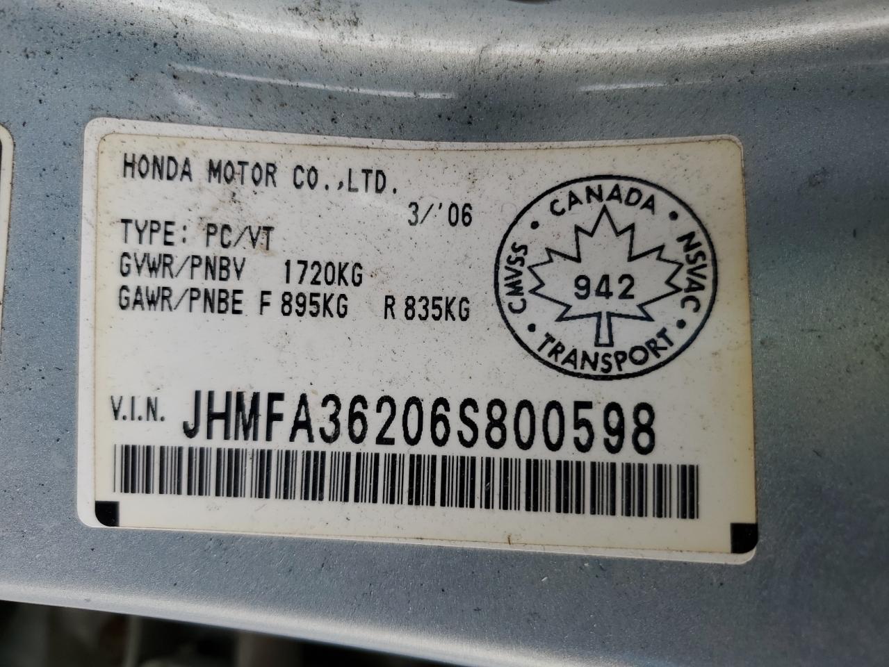 2006 Honda Civic Hybrid VIN: JHMFA36206S800598 Lot: 56024425