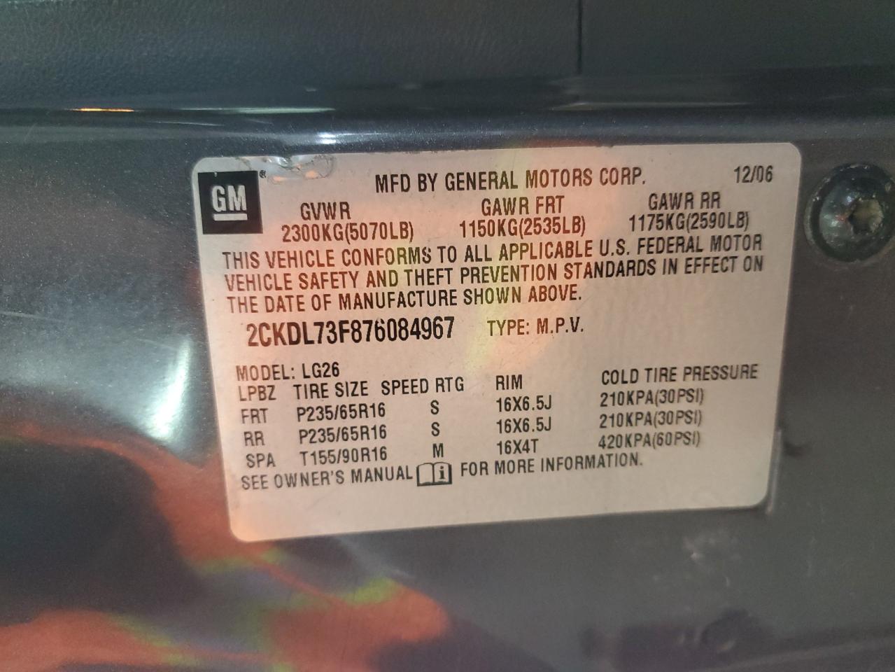 2007 Pontiac Torrent VIN: 2CKDL73F876084967 Lot: 56715225