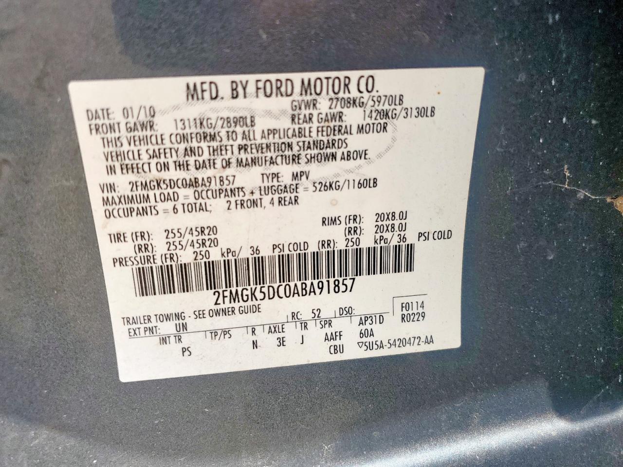 2010 Ford Flex Limited VIN: 2FMGK5DC0ABA91857 Lot: 57100615