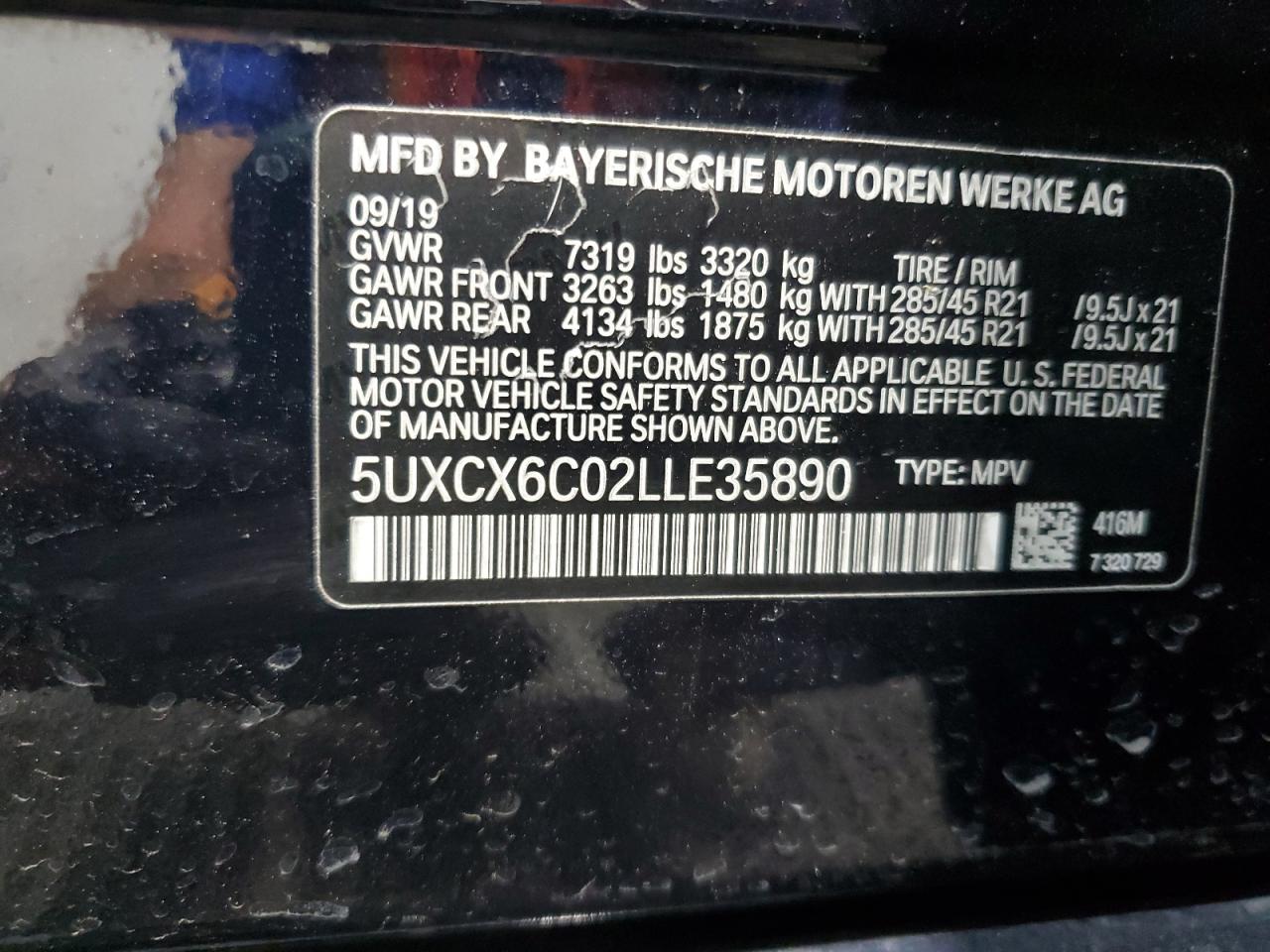 2020 BMW X7 M50I VIN: 5UXCX6C02LLE35890 Lot: 55766555