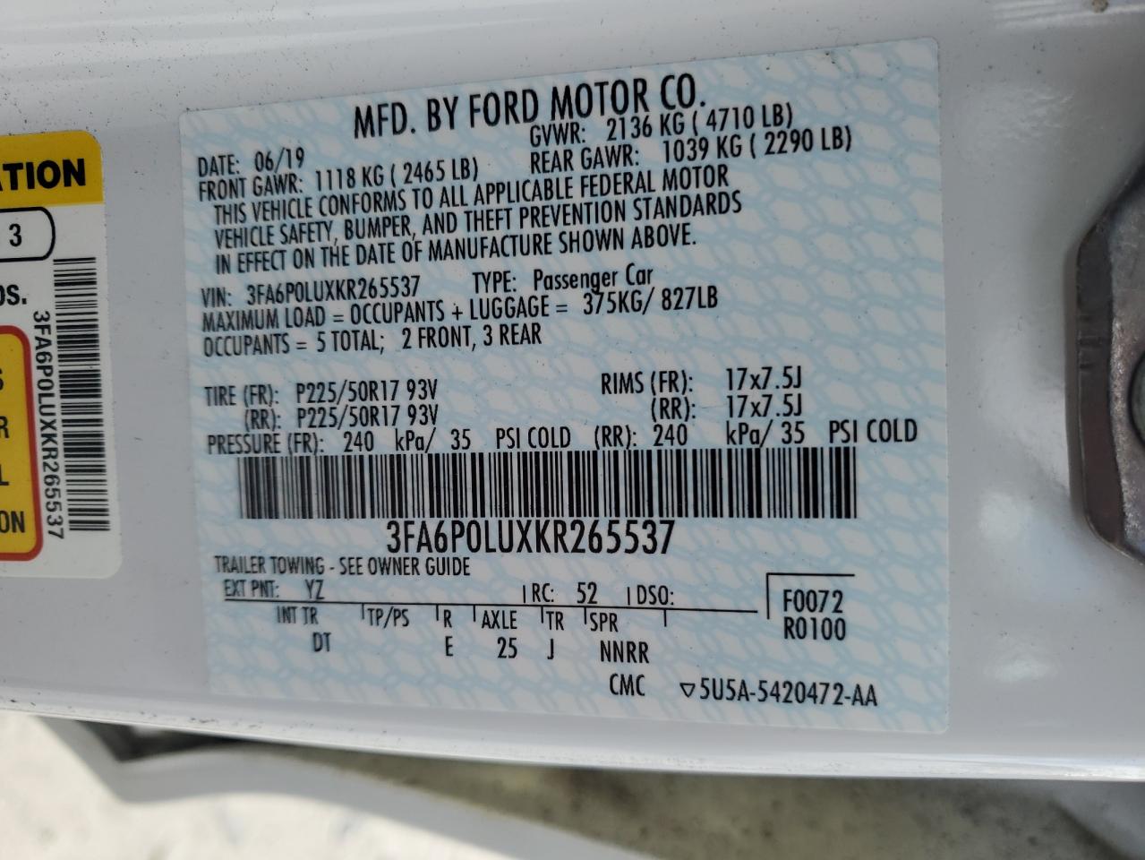 2019 Ford Fusion Se VIN: 3FA6P0LUXKR265537 Lot: 54030355