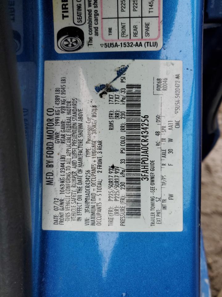 2012 Ford Fusion Sel VIN: 3FAHP0JA0CR434256 Lot: 58054525