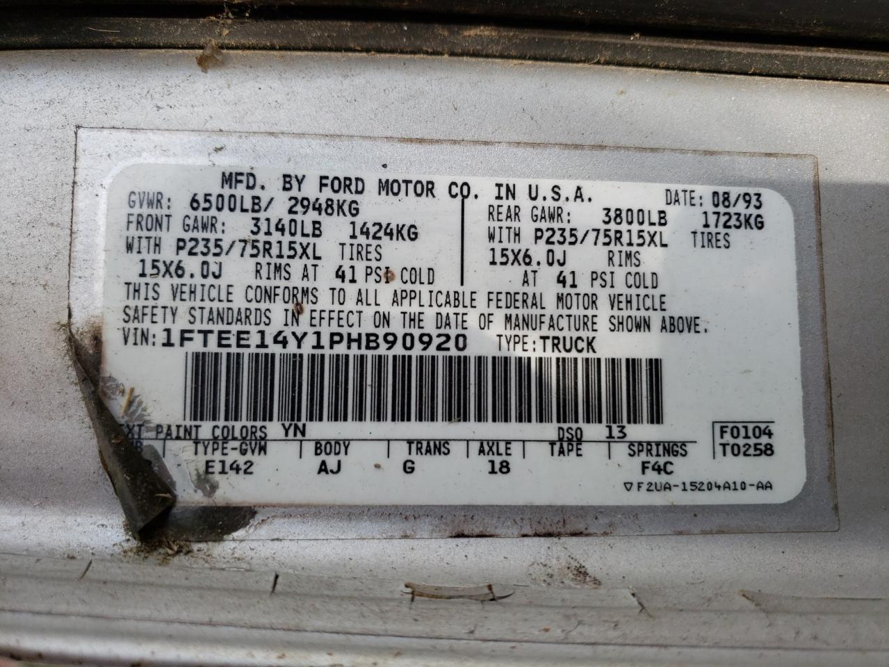 1993 Ford Econoline E150 Van VIN: 1FTEE14Y1PHB90920 Lot: 56049583