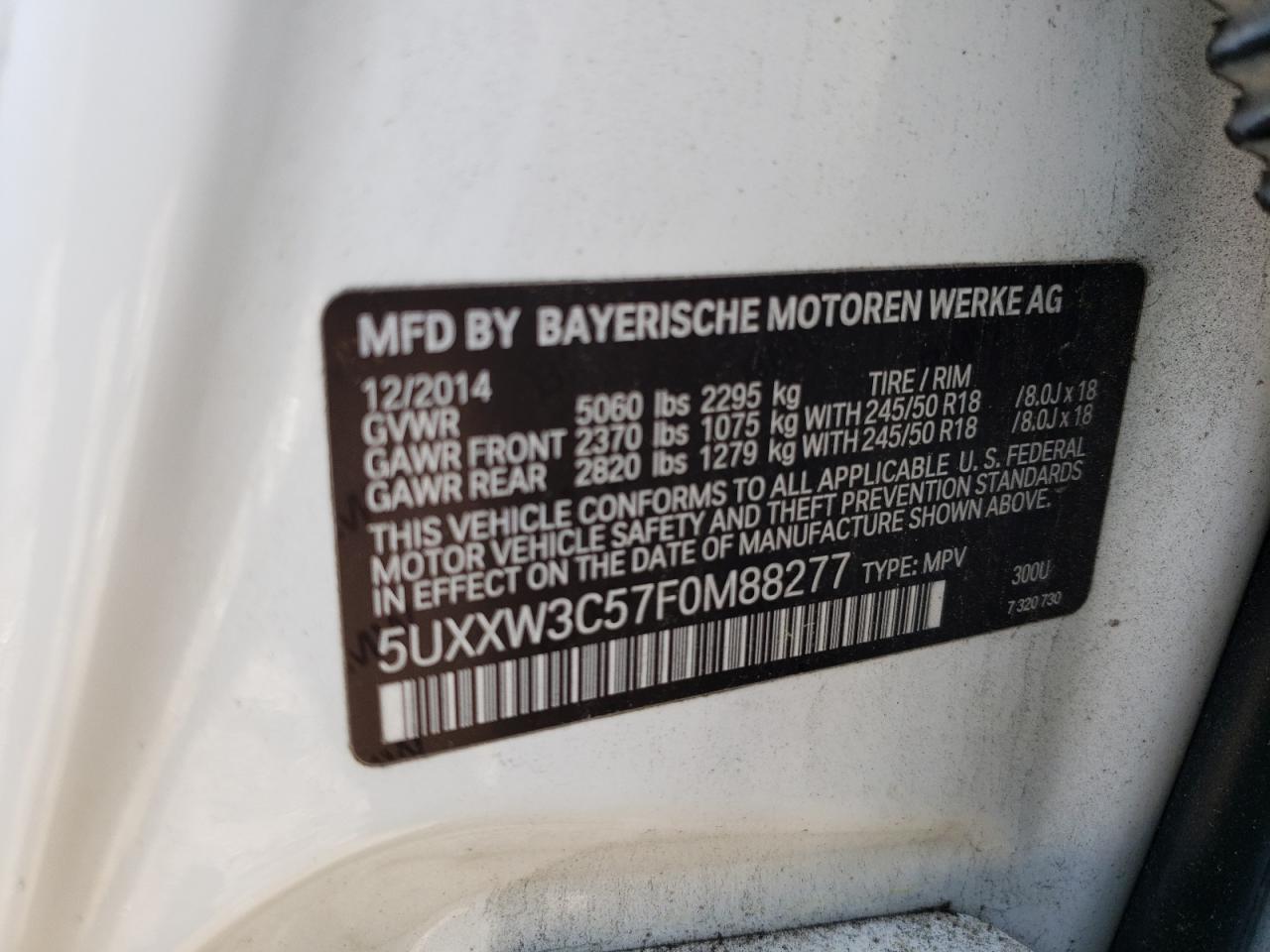 2015 BMW X4 xDrive28I VIN: 5UXXW3C57F0M88277 Lot: 61388634