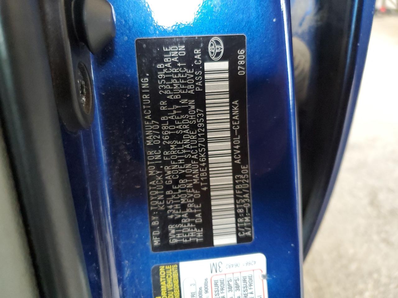2007 Toyota Camry Ce VIN: 4T1BE46K57U129537 Lot: 57505323