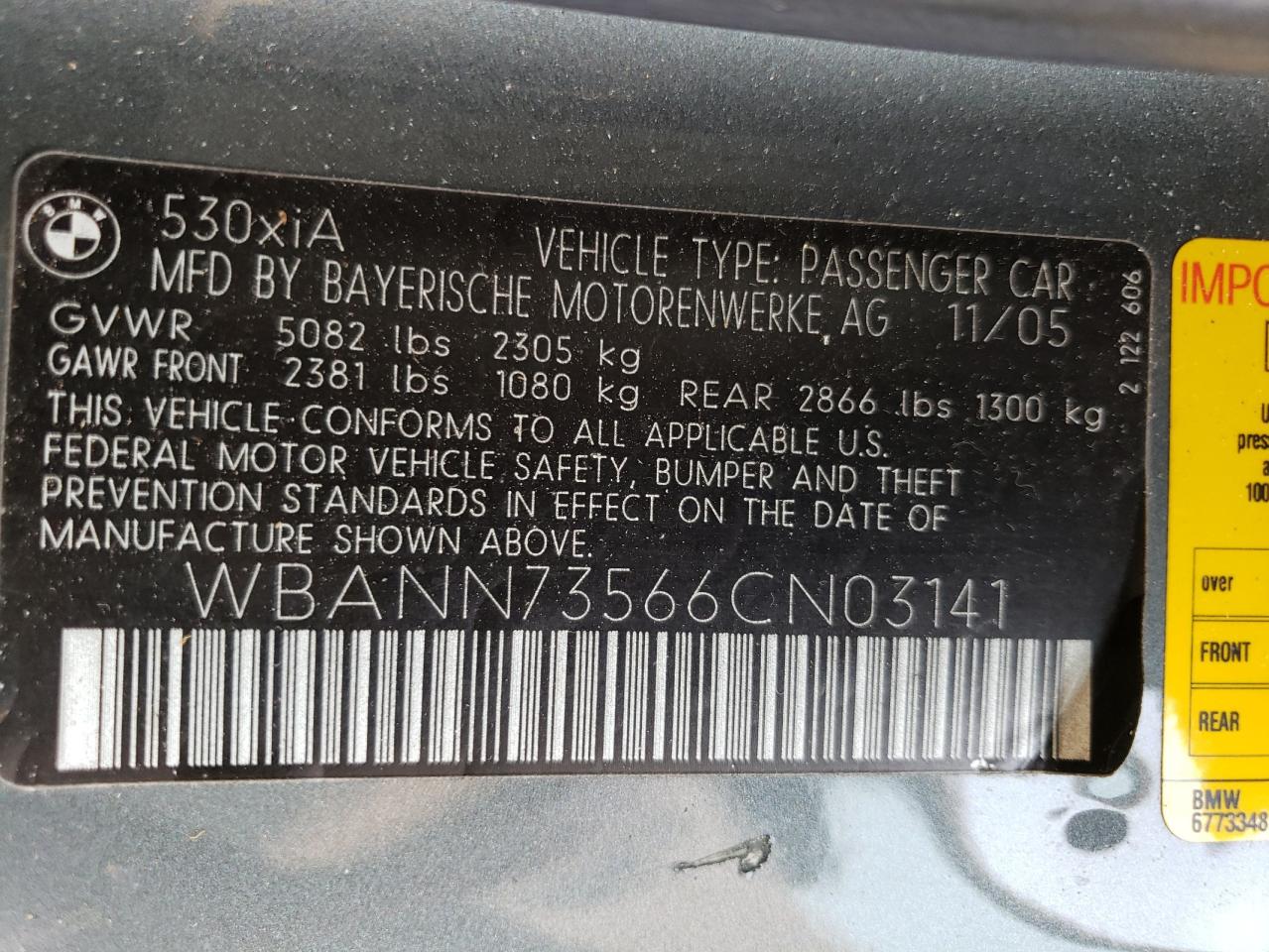 2006 BMW 530 Xit VIN: WBANN73566CN03141 Lot: 63708463