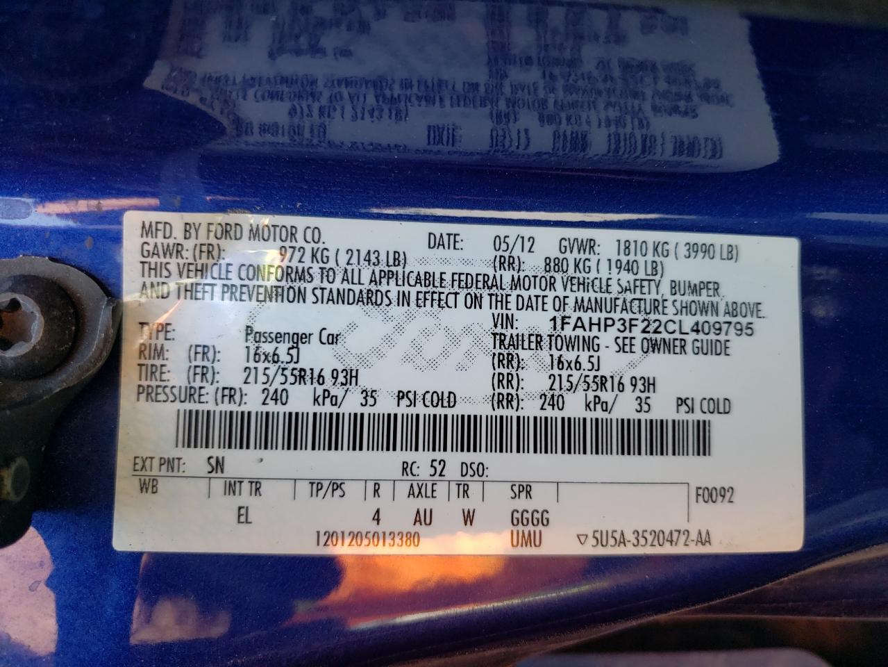 2012 Ford Focus Se VIN: 1FAHP3F22CL409795 Lot: 56905233