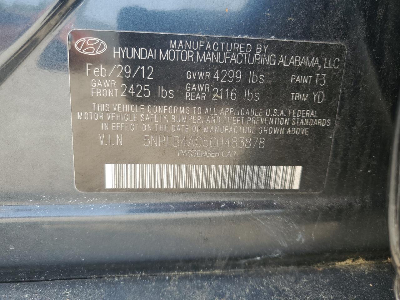 5NPEB4AC5CH483878 2012 Hyundai Sonata Gls