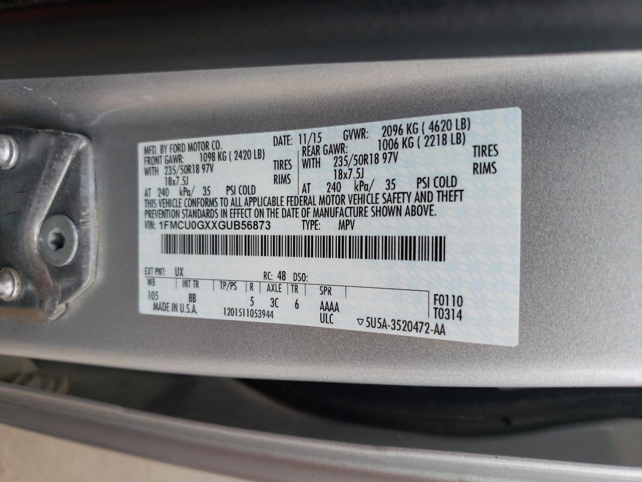 1FMCU0GXXGUB56873 2016 Ford Escape Se