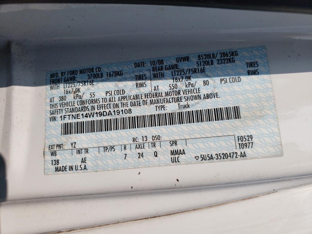 2009 Ford Econoline E150 Van VIN: 1FTNE14W19DA19108 Lot: 61403344