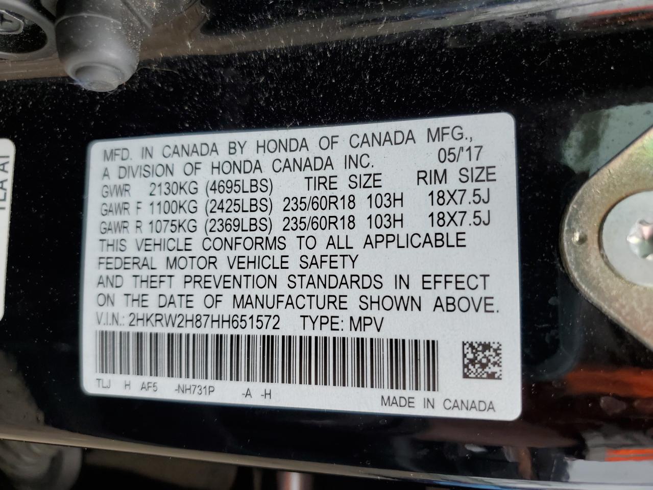 2017 Honda Cr-V Exl VIN: 2HKRW2H87HH651572 Lot: 79907583