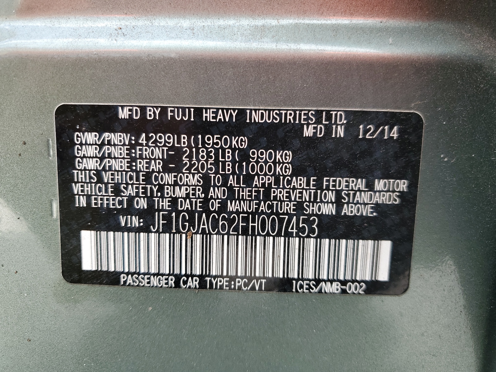 JF1GJAC62FH007453 2015 Subaru Impreza Premium