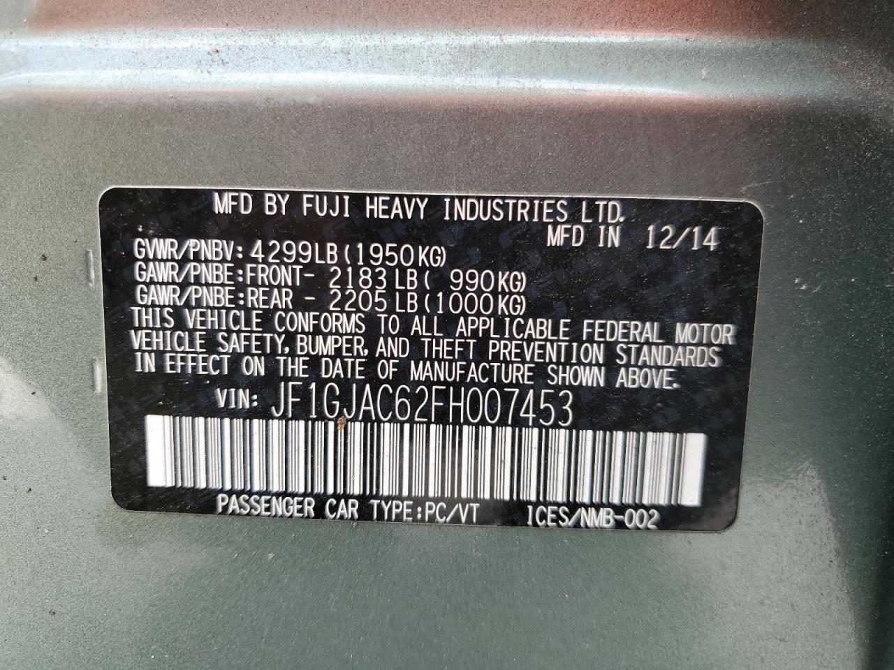 2015 Subaru Impreza Premium VIN: JF1GJAC62FH007453 Lot: 48966344