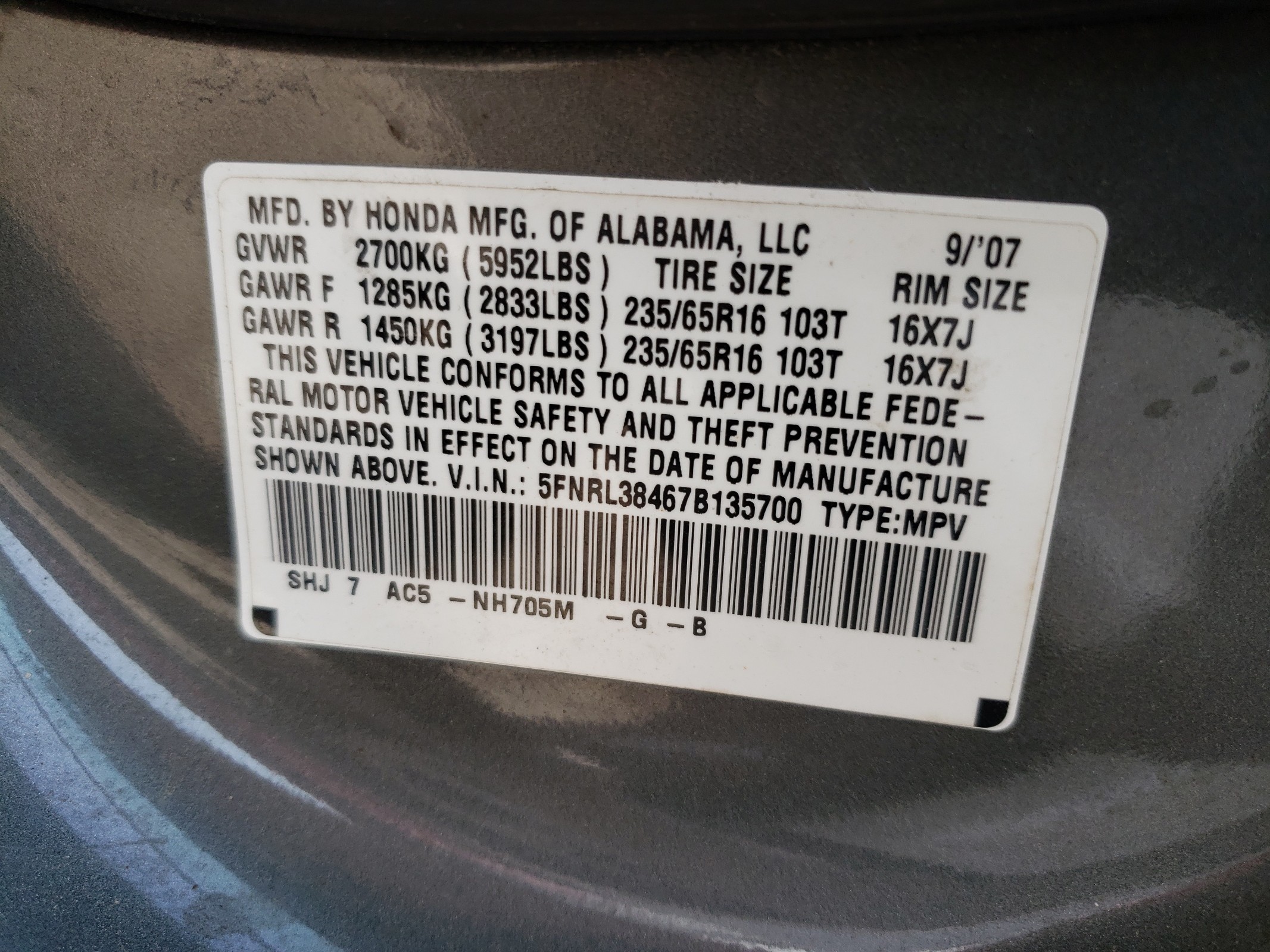 5FNRL38467B135700 2007 Honda Odyssey Ex