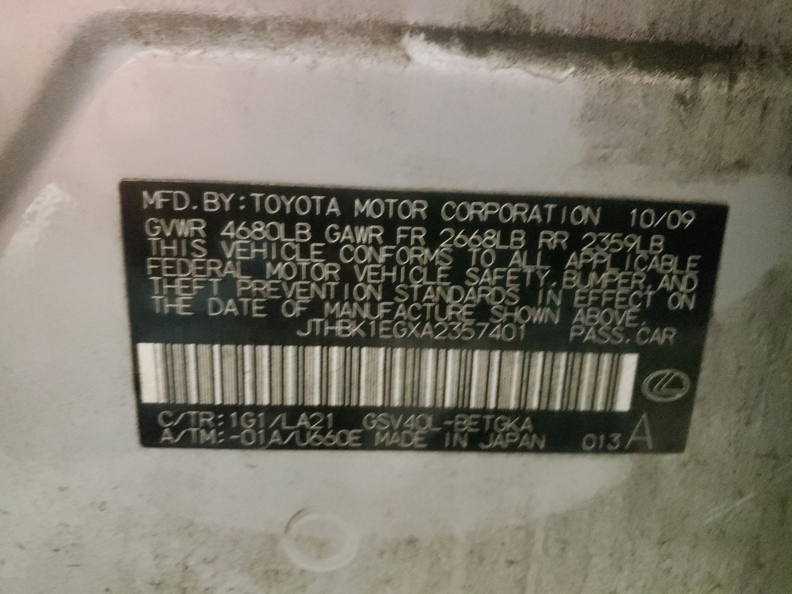 JTHBK1EGXA2357401 2010 Lexus Es 350