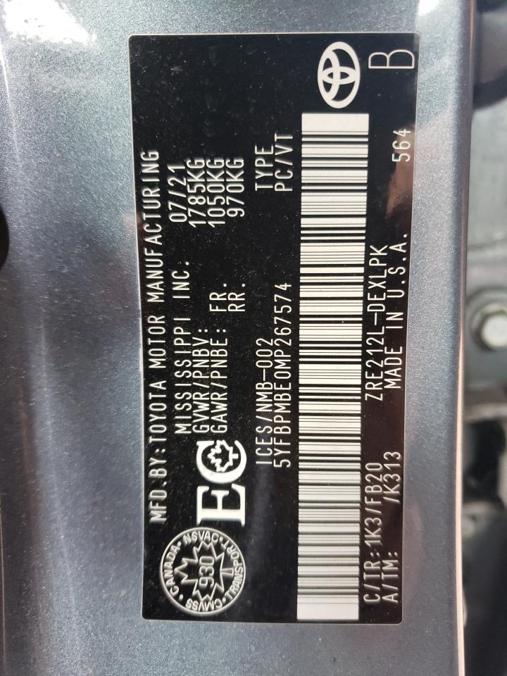 5YFBPMBE0MP267574 2021 Toyota Corolla Le