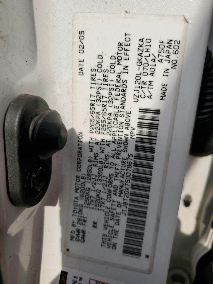 2005 Lexus Gx 470 VIN: JTJBT20X750078675 Lot: 58482823