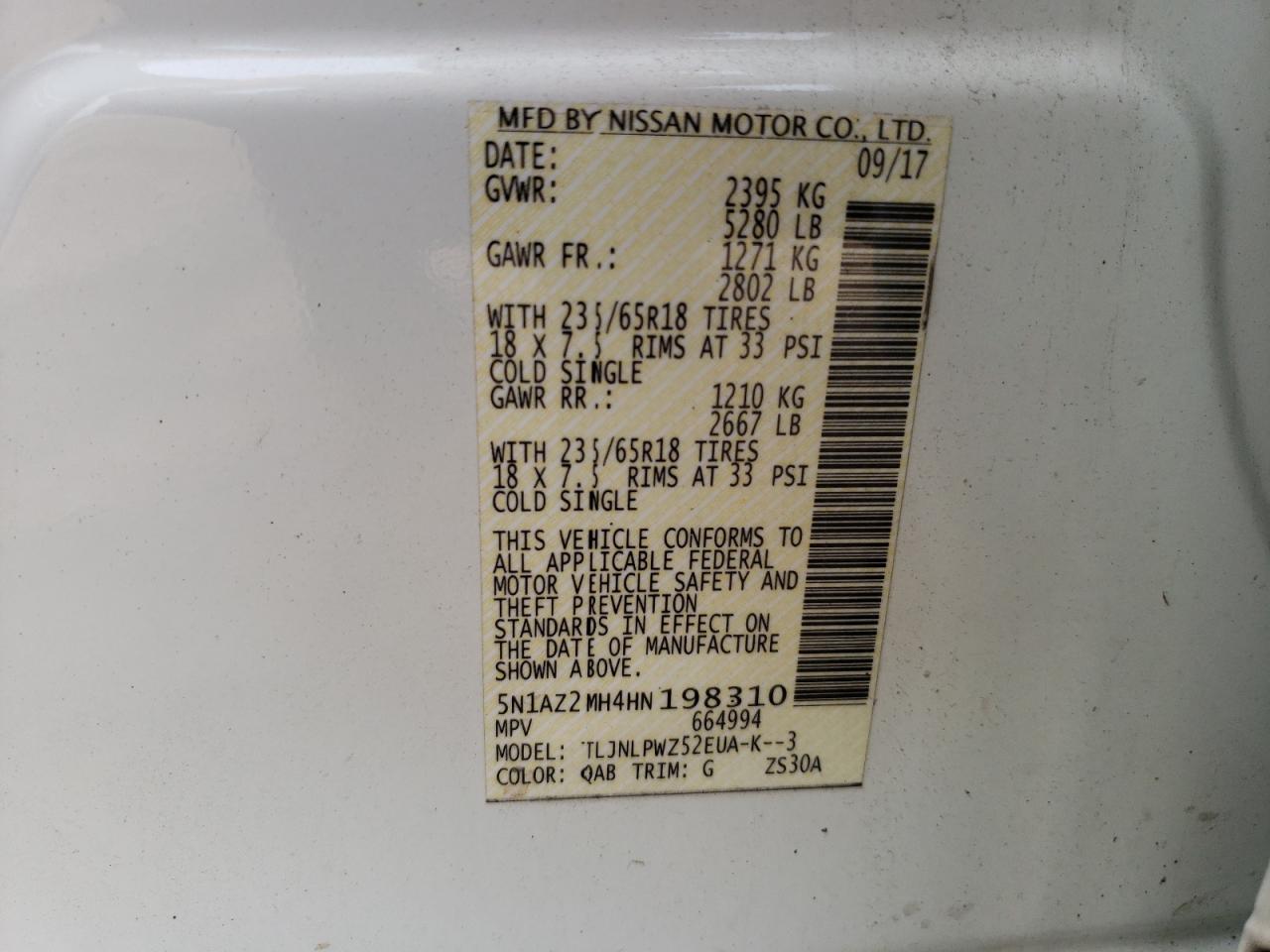 2017 Nissan Murano S VIN: 5N1AZ2MH4HN198310 Lot: 61382354